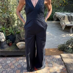 Rivet Utility Navy Wide Leg Jumpsuit Deep V Cotton Workwear Size XS